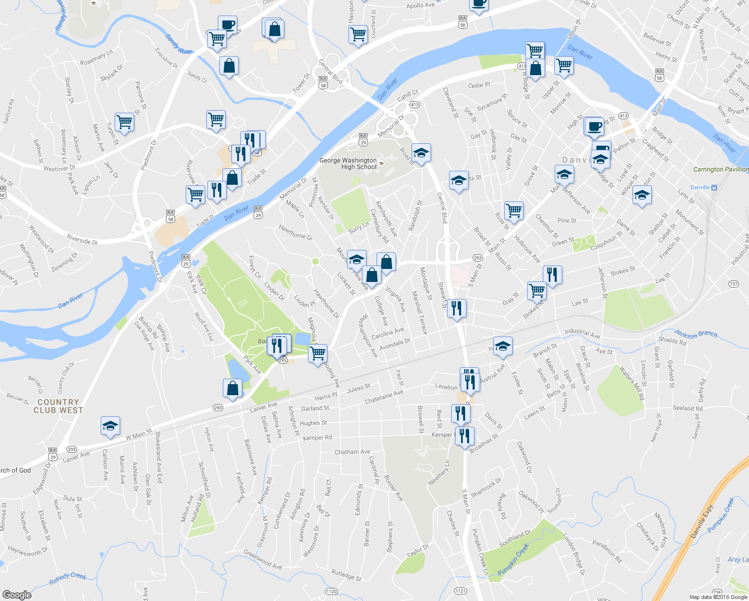 map of restaurants, bars, coffee shops, grocery stores, and more near 120 College Avenue in Danville