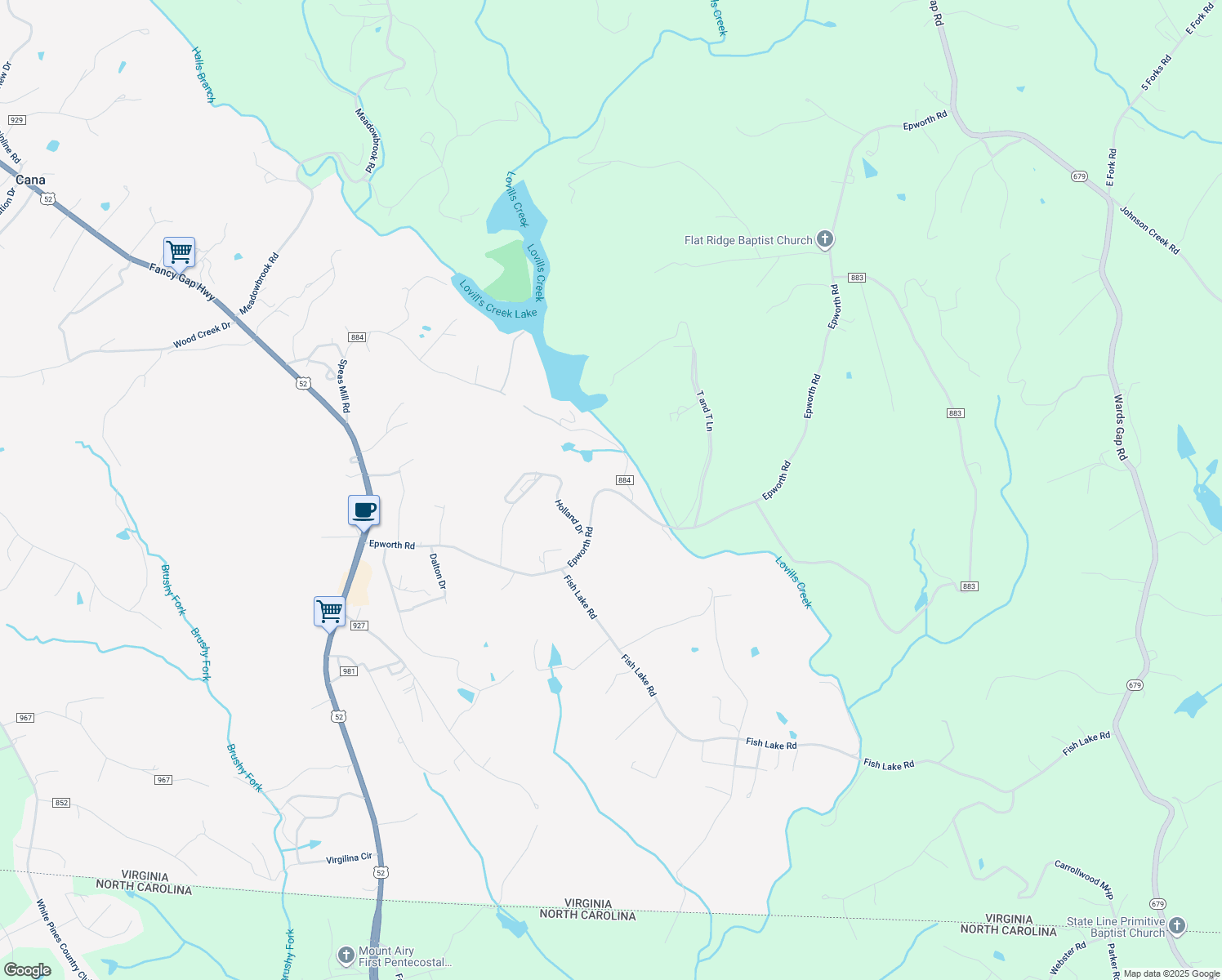map of restaurants, bars, coffee shops, grocery stores, and more near Epworth Rd in Cana