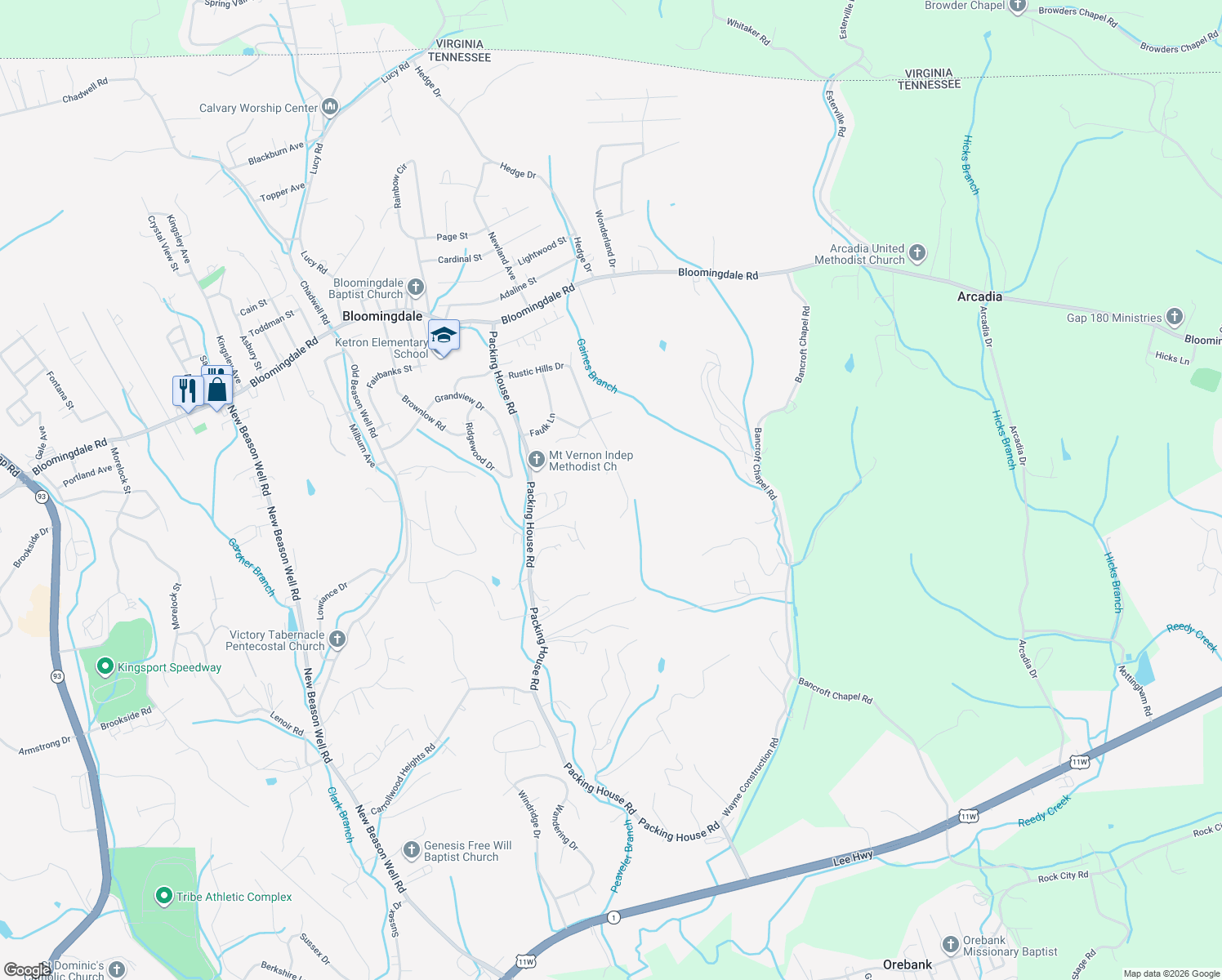 map of restaurants, bars, coffee shops, grocery stores, and more near 3632 Rustic Hills Drive in Kingsport