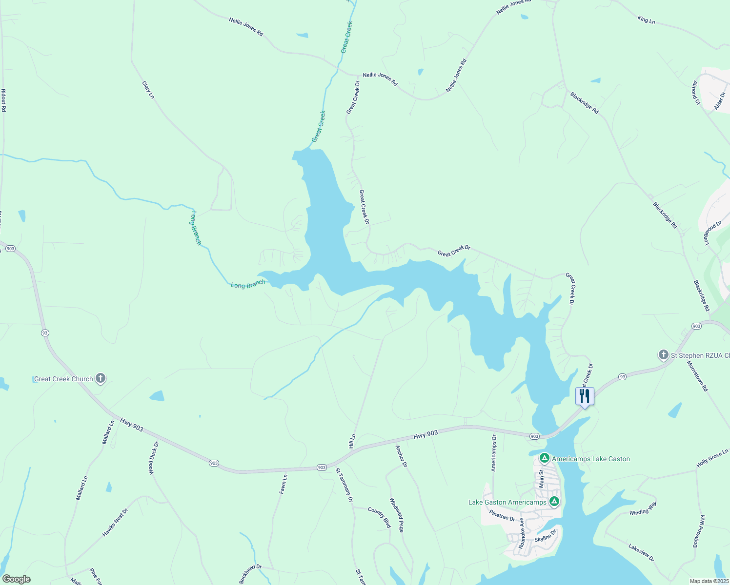 map of restaurants, bars, coffee shops, grocery stores, and more near 307 Forest Court in Bracey