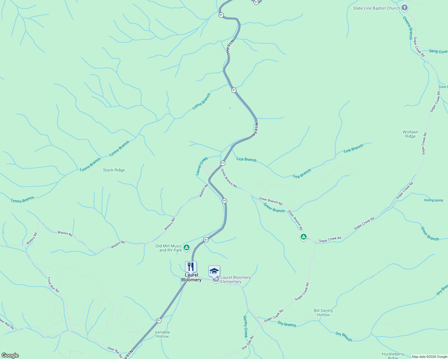 map of restaurants, bars, coffee shops, grocery stores, and more near 414 Greer Branch Road in Laurel Bloomery