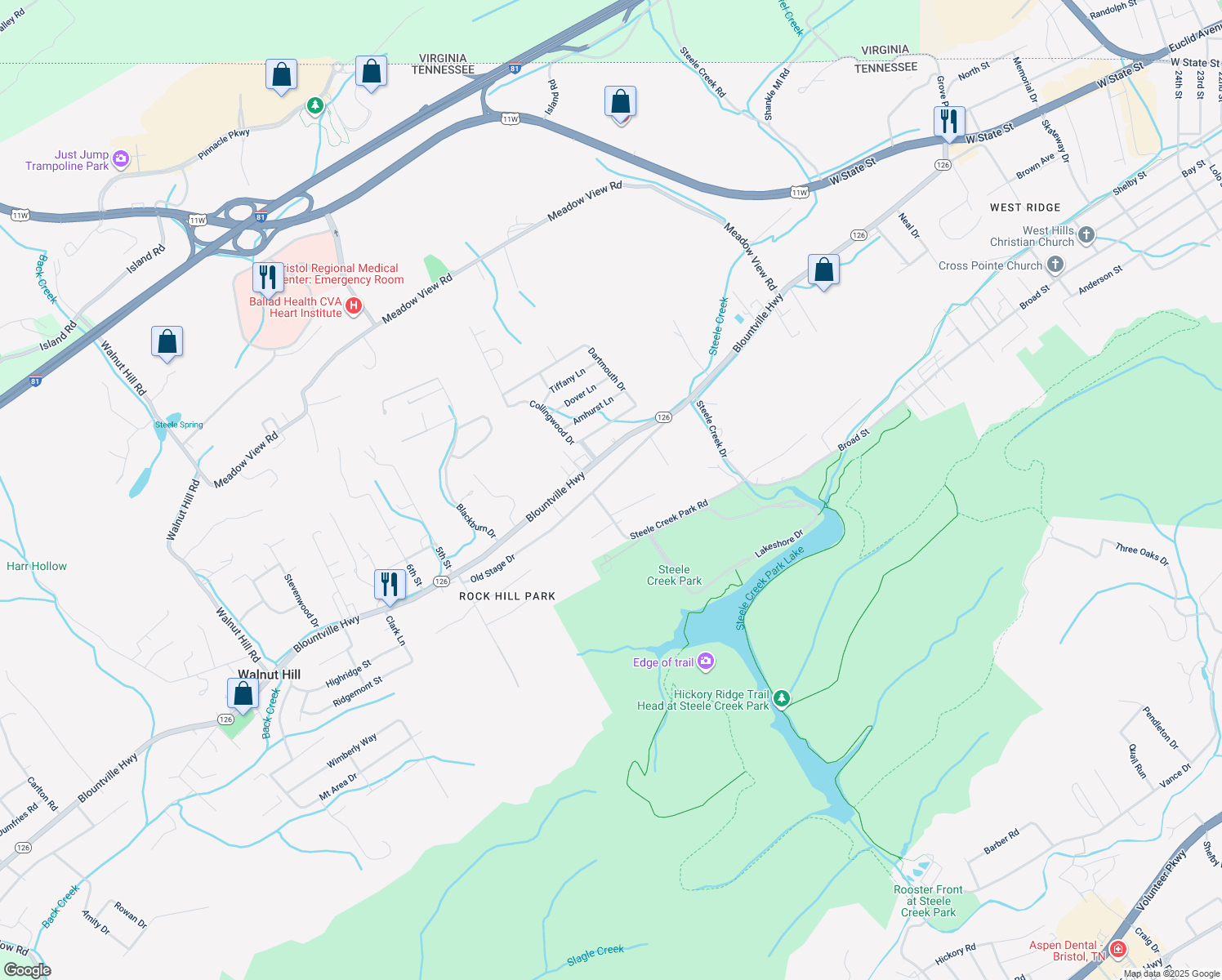 map of restaurants, bars, coffee shops, grocery stores, and more near 193 Old Stage Drive in Bristol