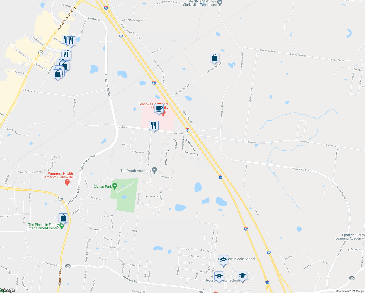 map of restaurants, bars, coffee shops, grocery stores, and more near 172 Alexander Boulevard in Clarksville