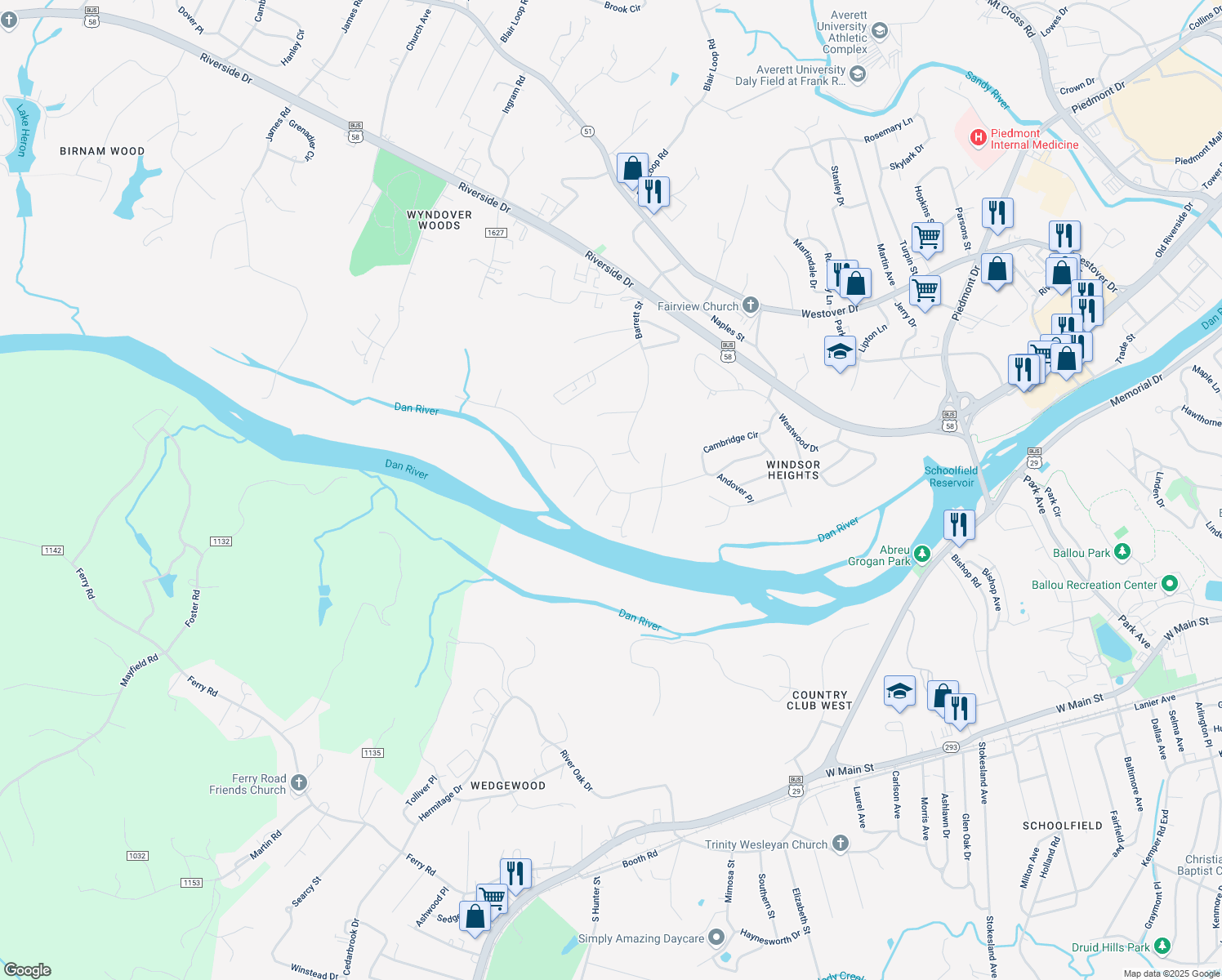 map of restaurants, bars, coffee shops, grocery stores, and more near 248 Shoreham Dr in Danville