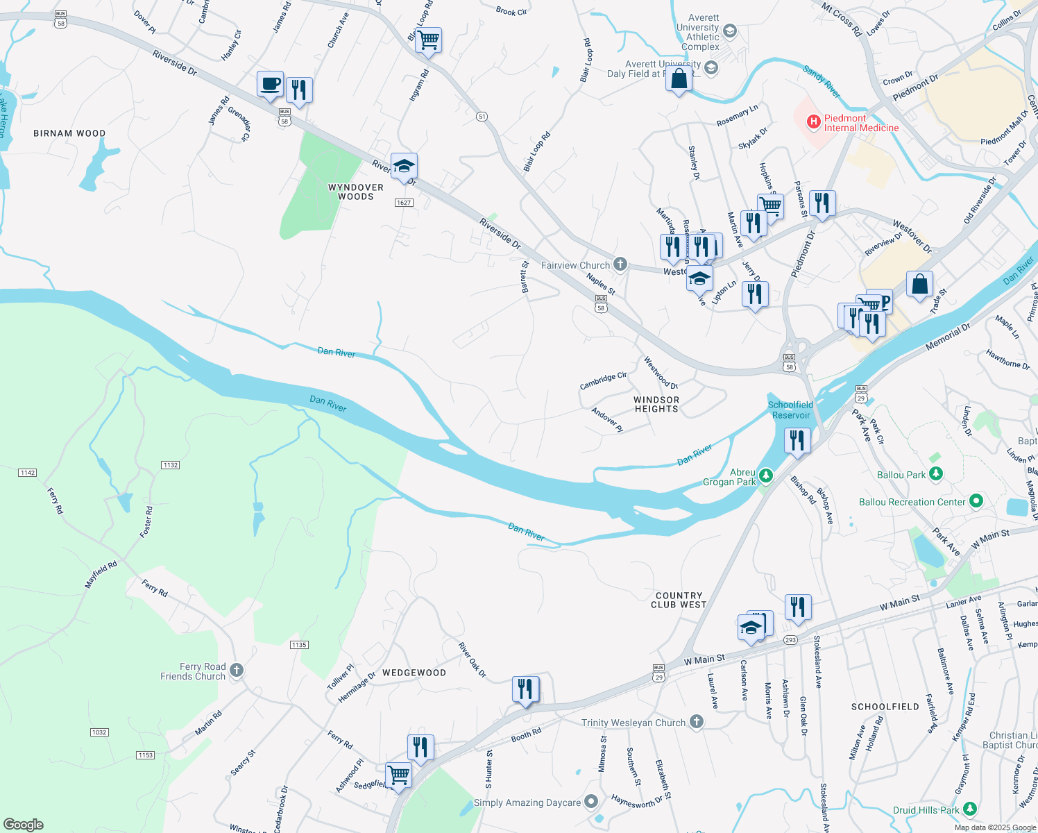 map of restaurants, bars, coffee shops, grocery stores, and more near 242-248 Shoreham Drive in Danville