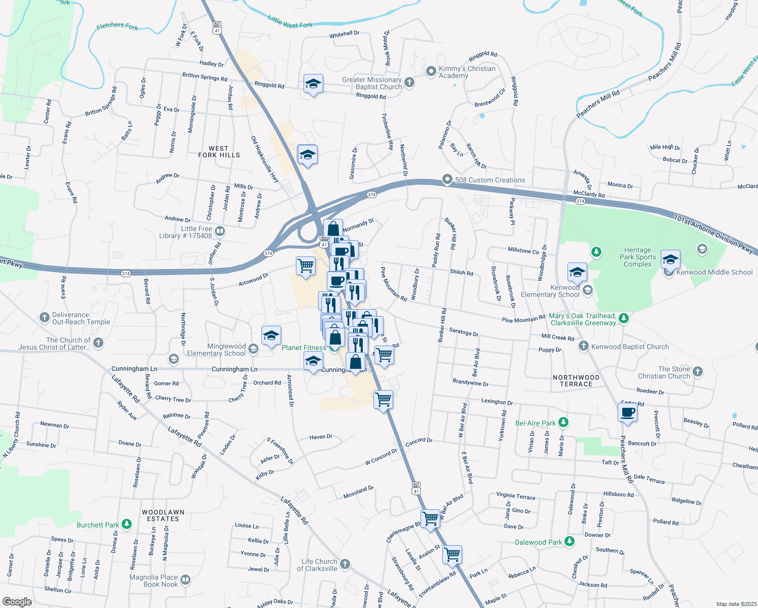 map of restaurants, bars, coffee shops, grocery stores, and more near 3 Saratoga Drive in Clarksville