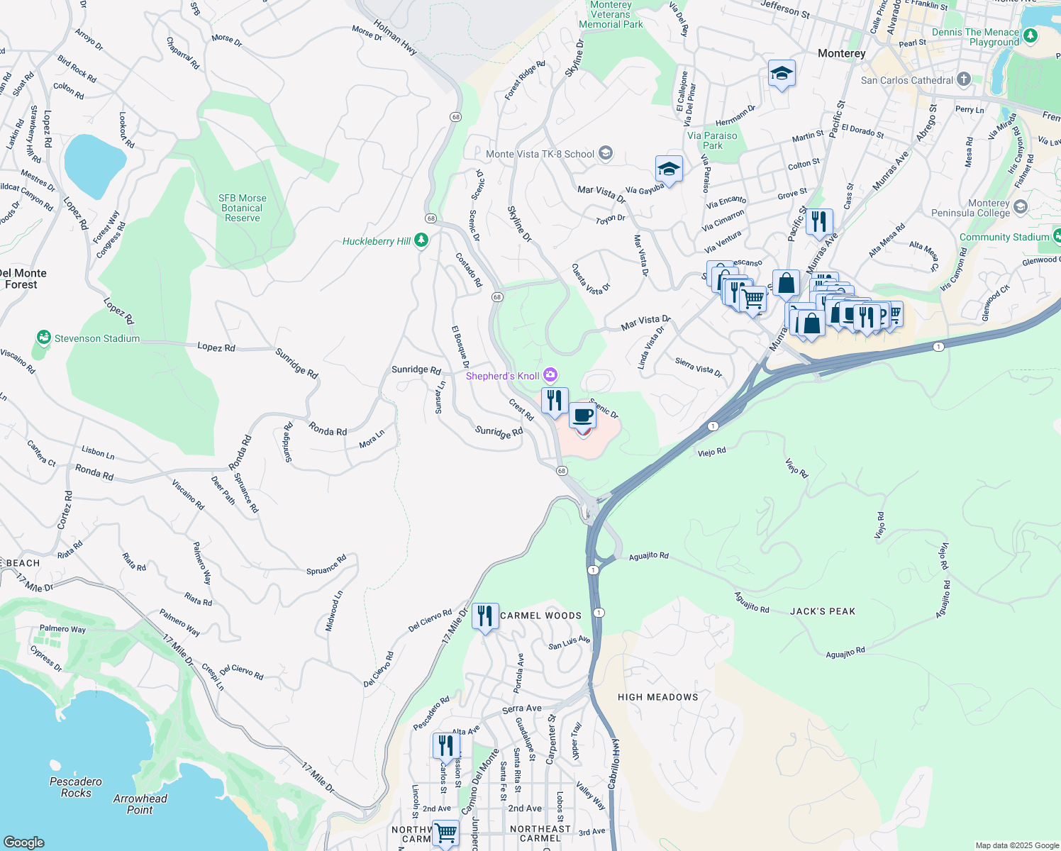 map of restaurants, bars, coffee shops, grocery stores, and more near 4168 Crest Road in Del Monte Forest
