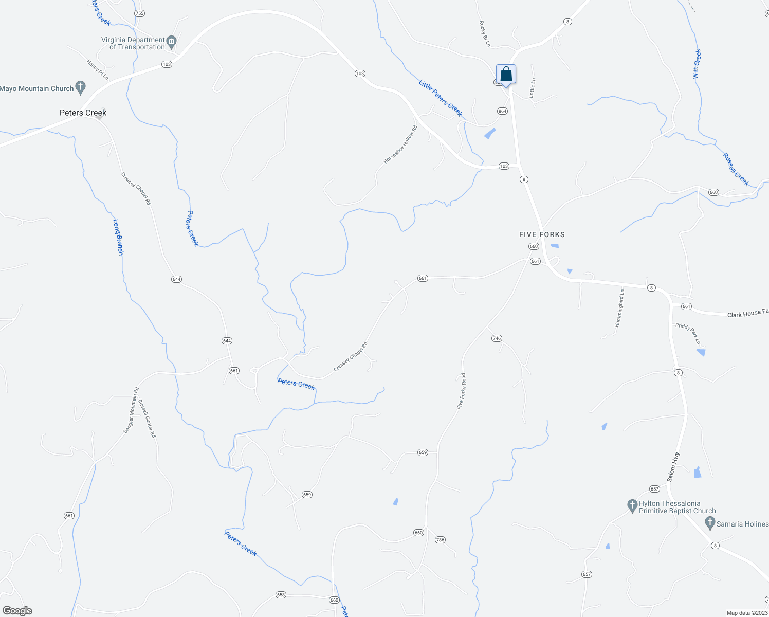 map of restaurants, bars, coffee shops, grocery stores, and more near Creasey Chapel Road in Patrick County