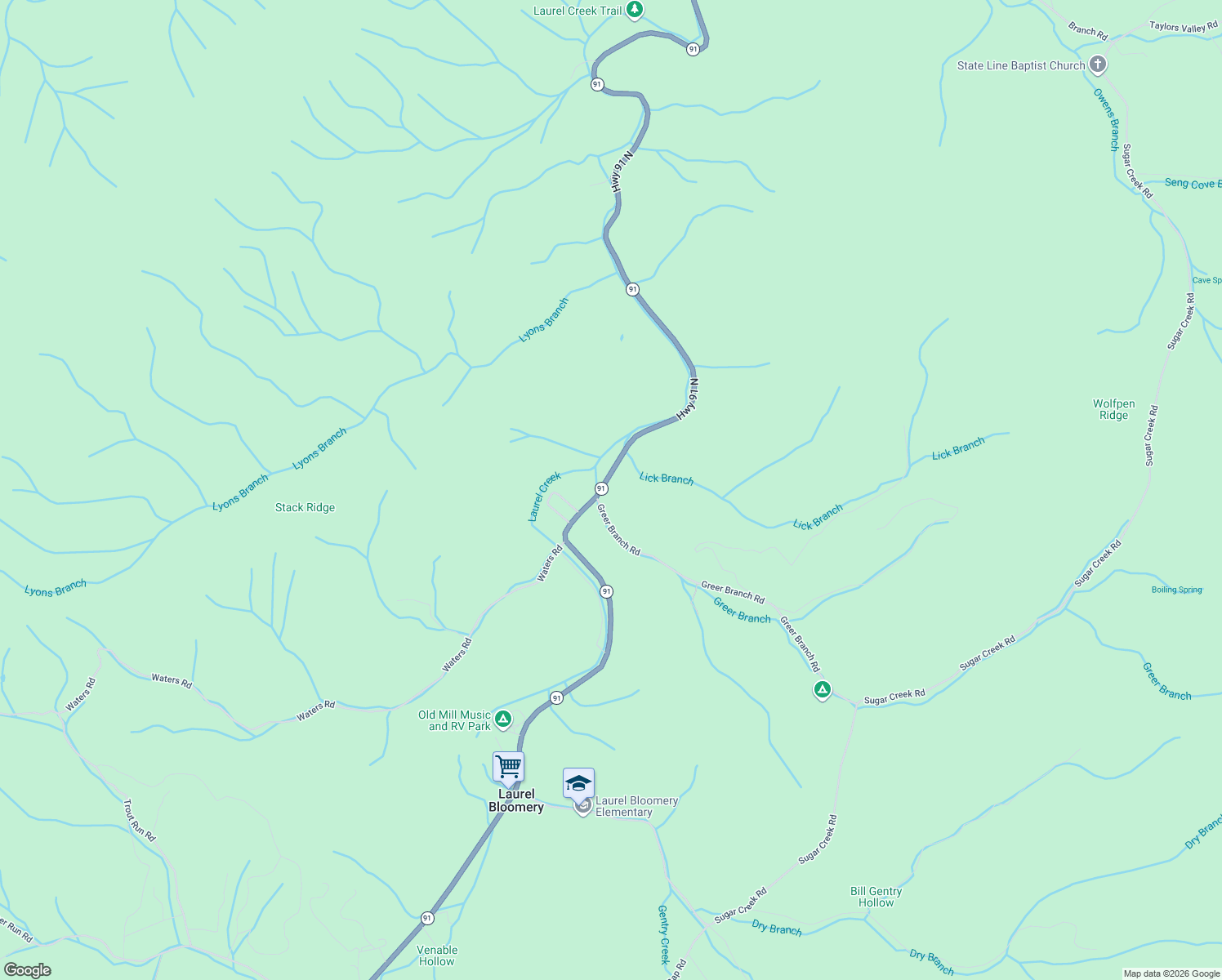 map of restaurants, bars, coffee shops, grocery stores, and more near 414 Greer Branch Road in Laurel Bloomery