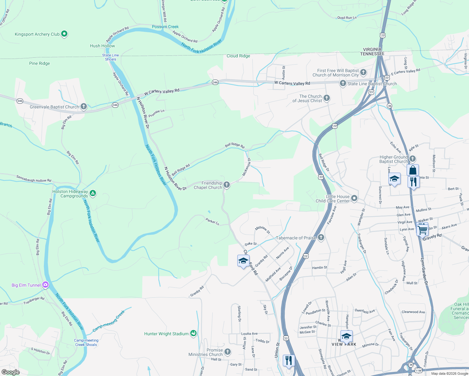 map of restaurants, bars, coffee shops, grocery stores, and more near 416 Welk Road in Kingsport