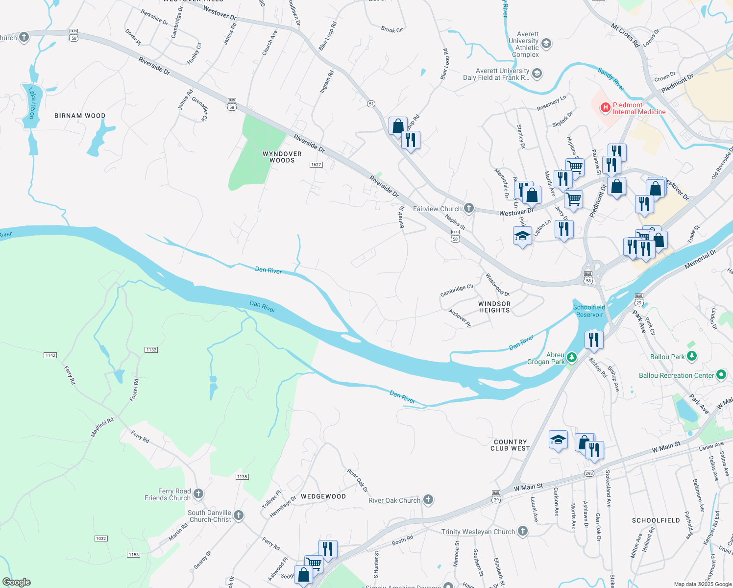 map of restaurants, bars, coffee shops, grocery stores, and more near Shoreham Drive in Danville