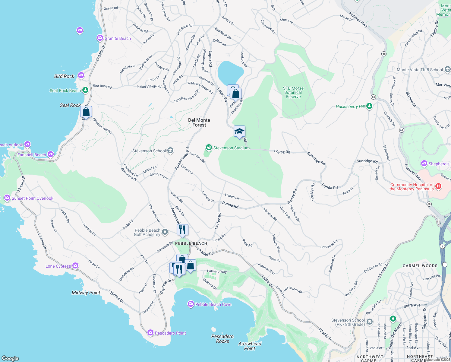 map of restaurants, bars, coffee shops, grocery stores, and more near 1379 Viscaino Rd in Del Monte Forest