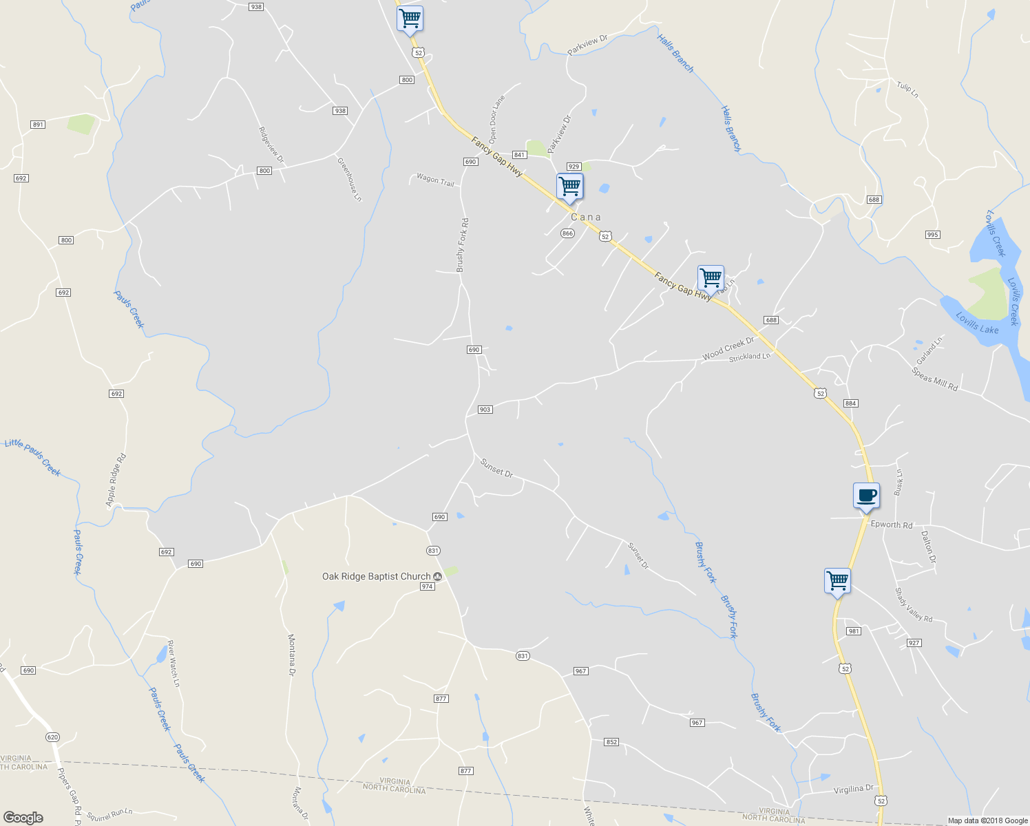 map of restaurants, bars, coffee shops, grocery stores, and more near 180 Woodcreek Drive in Cana