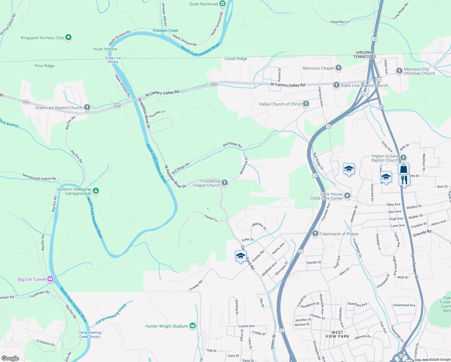 map of restaurants, bars, coffee shops, grocery stores, and more near 305 McKenzie Drive in Kingsport