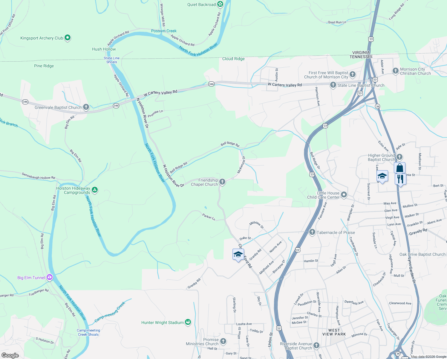 map of restaurants, bars, coffee shops, grocery stores, and more near 301 McKenzie Drive in Kingsport