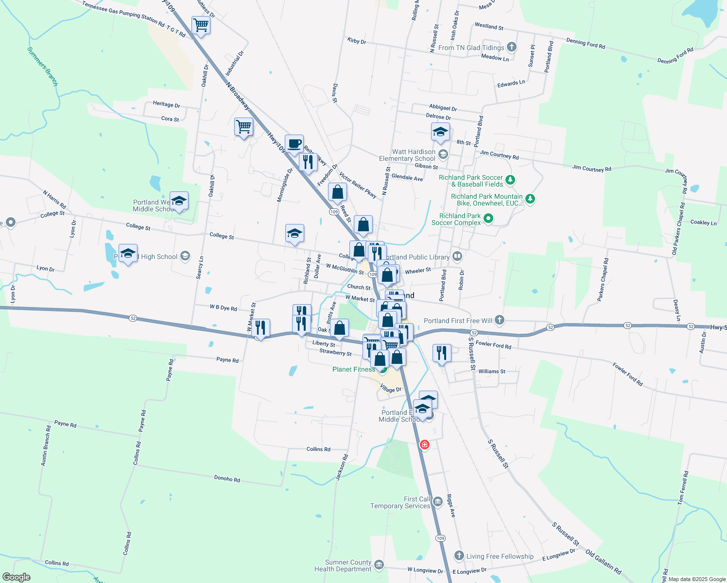 map of restaurants, bars, coffee shops, grocery stores, and more near 104 Church St in Portland