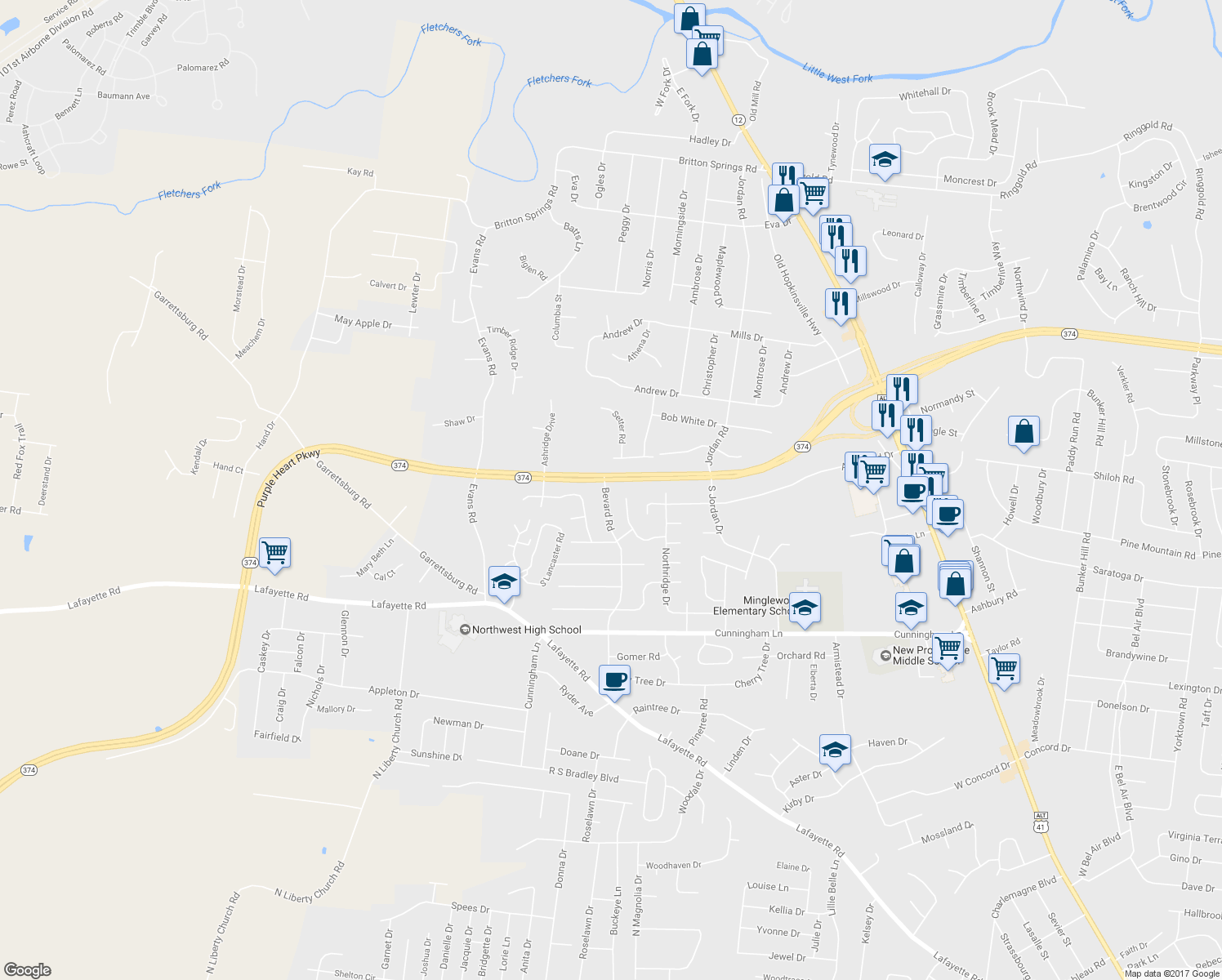 map of restaurants, bars, coffee shops, grocery stores, and more near 1641 Bevard Road in Clarksville