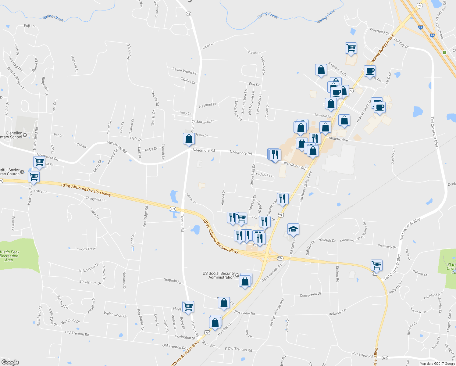 map of restaurants, bars, coffee shops, grocery stores, and more near 2523 Atwood Drive in Clarksville