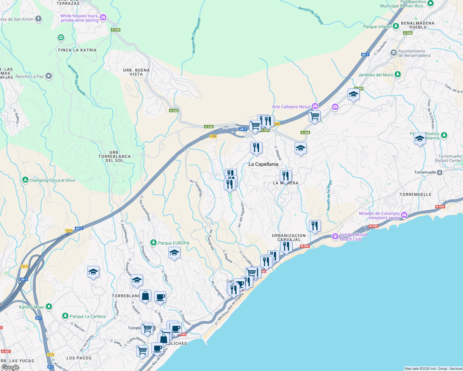 map of restaurants, bars, coffee shops, grocery stores, and more near 48 Avenida del Higuerón in Fuengirola