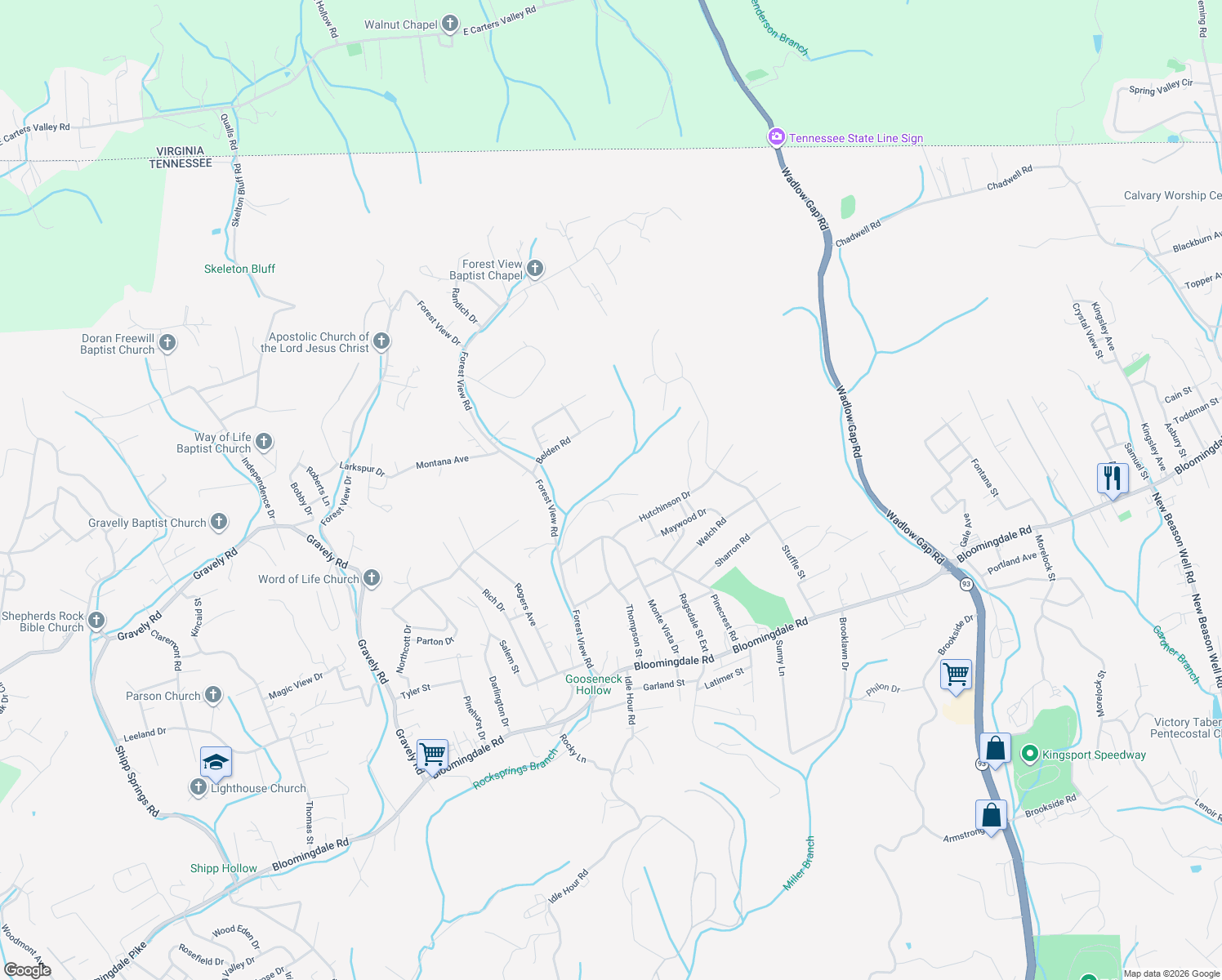 map of restaurants, bars, coffee shops, grocery stores, and more near 1762 Breeding Lane in Kingsport