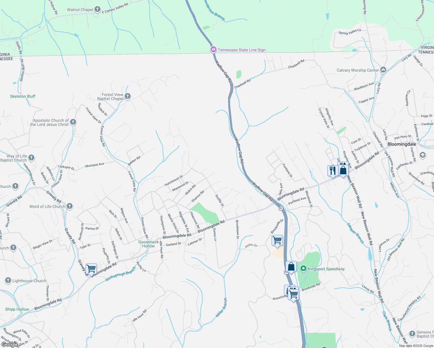 map of restaurants, bars, coffee shops, grocery stores, and more near 2116 Sharron Road in Kingsport