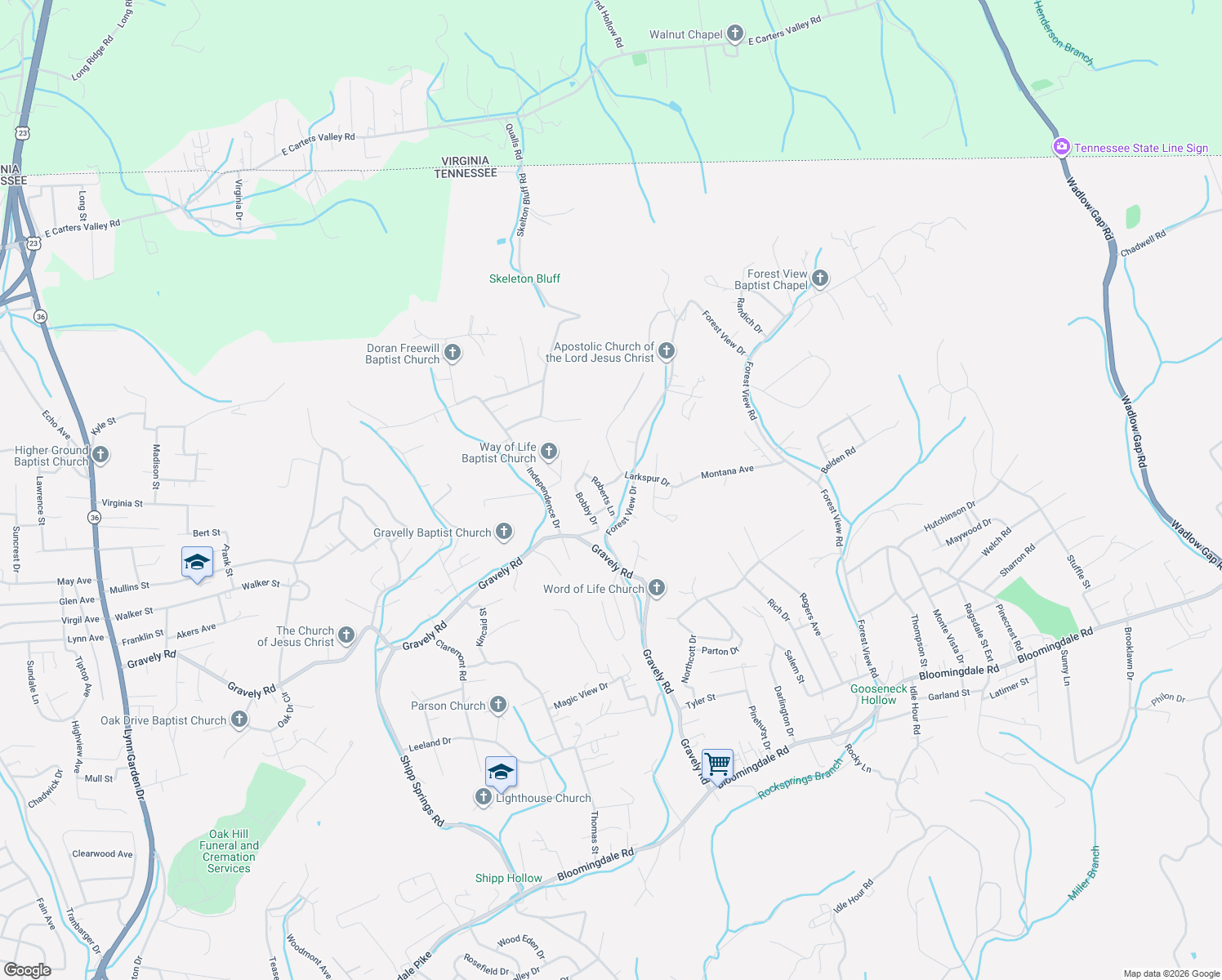 map of restaurants, bars, coffee shops, grocery stores, and more near 505 Commission Drive in Kingsport