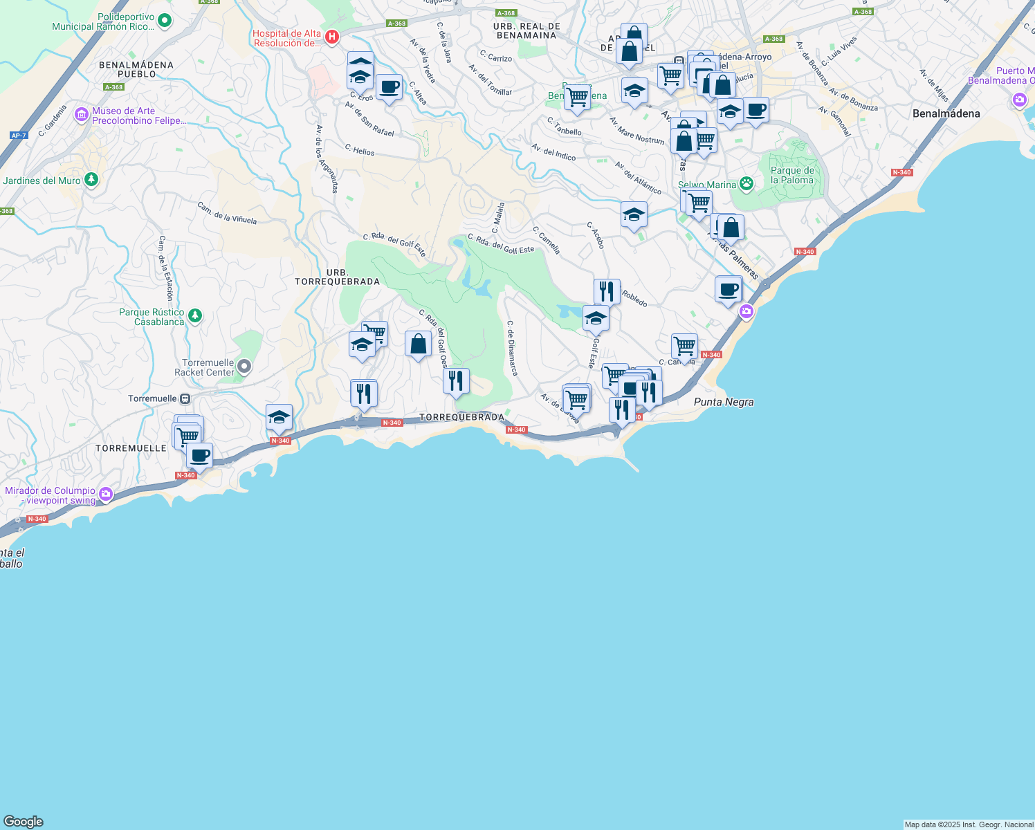 map of restaurants, bars, coffee shops, grocery stores, and more near 3 Calle Ronda del Golf Oeste in Benalmádena