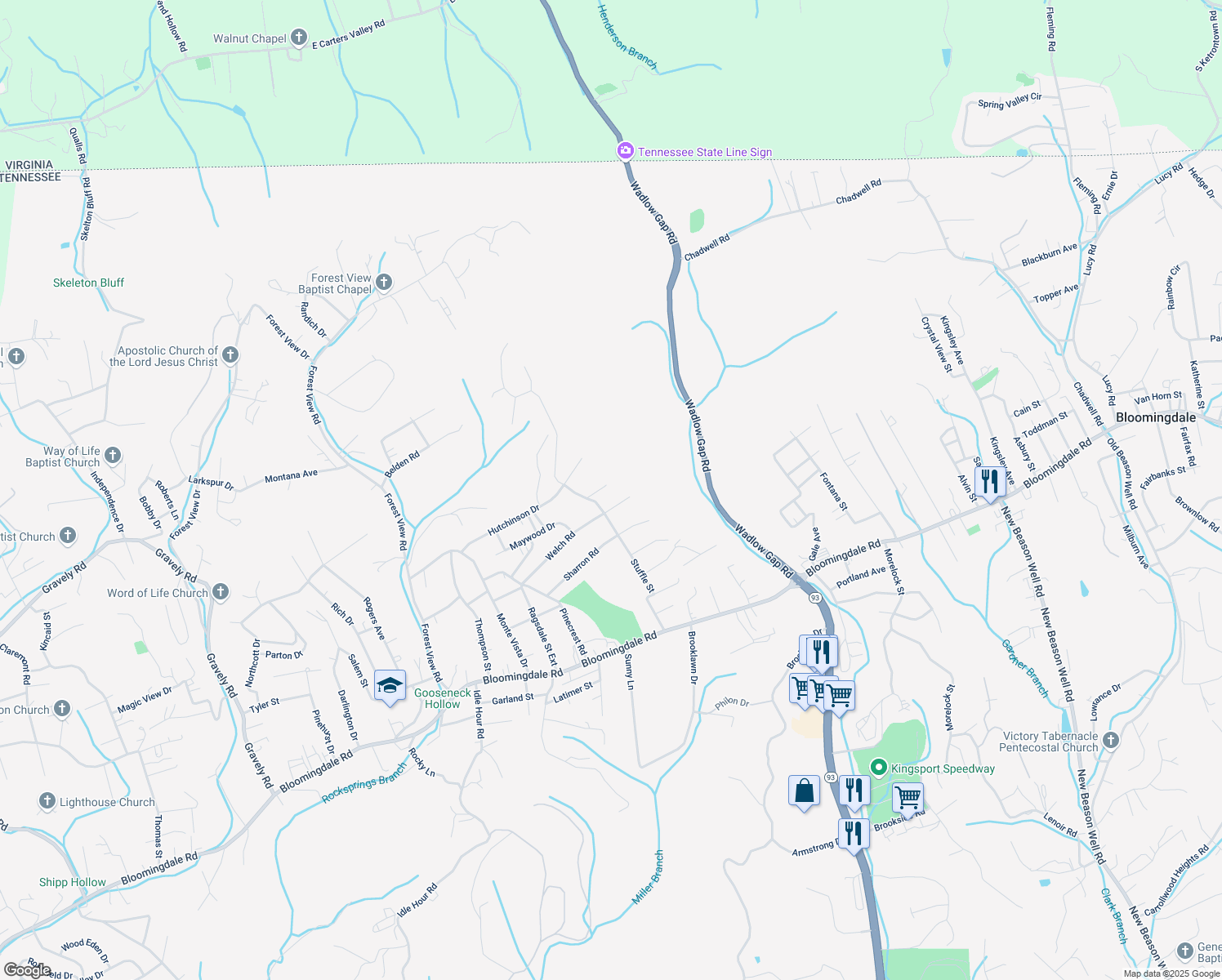 map of restaurants, bars, coffee shops, grocery stores, and more near 2111 Hayes Street in Kingsport