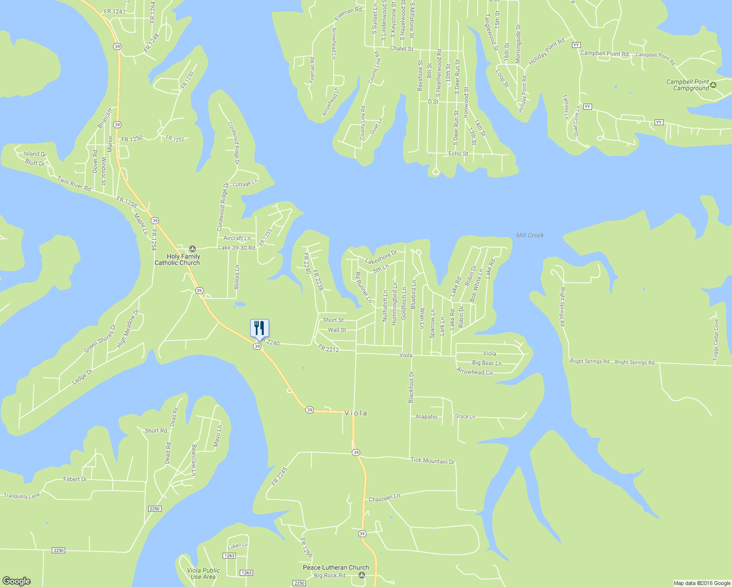 map of restaurants, bars, coffee shops, grocery stores, and more near Road Runner Lane in Shell Knob