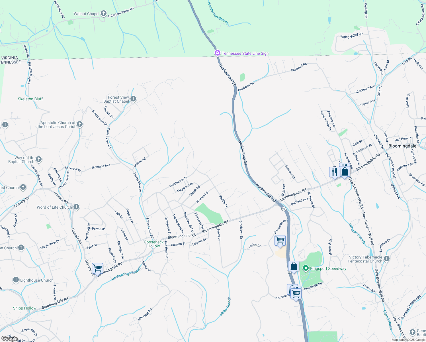 map of restaurants, bars, coffee shops, grocery stores, and more near 2111 Hayes Street in Kingsport