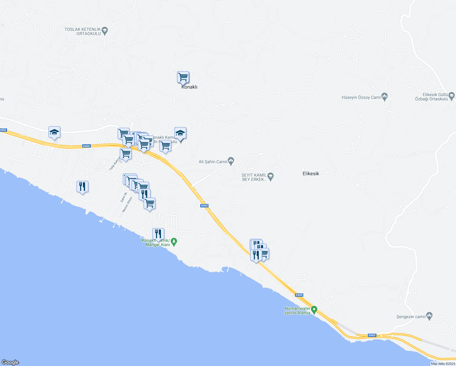 map of restaurants, bars, coffee shops, grocery stores, and more near İsimsiz Yol in Alanya