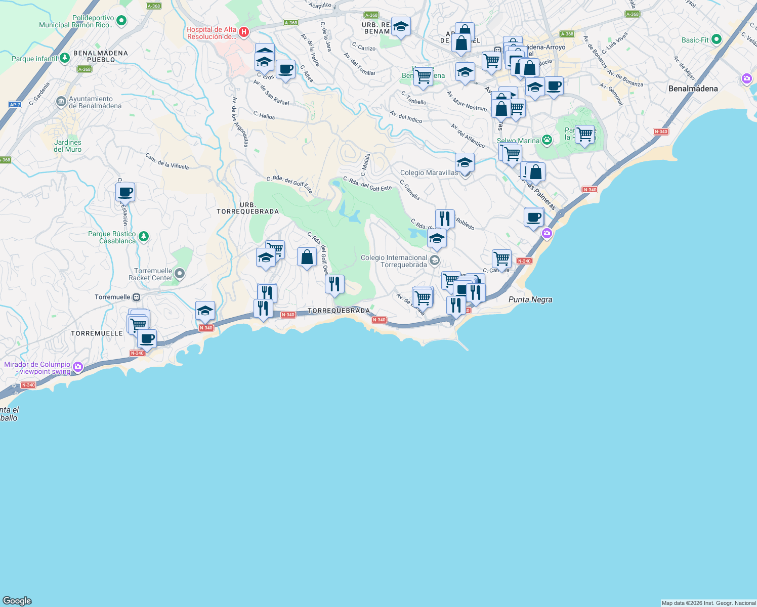 map of restaurants, bars, coffee shops, grocery stores, and more near 3 Calle Ronda del Golf Oeste in Benalmádena