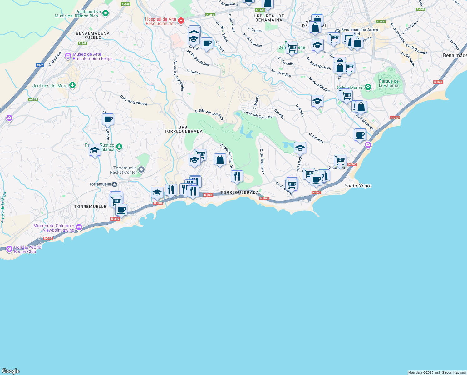 map of restaurants, bars, coffee shops, grocery stores, and more near 75 Calle Ronda del Golf Oeste in Benalmádena