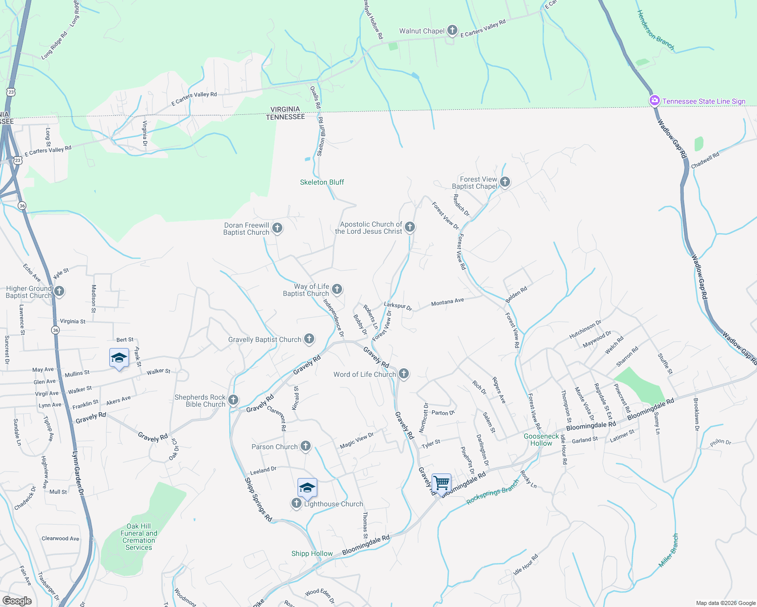 map of restaurants, bars, coffee shops, grocery stores, and more near 505 Commission Drive in Kingsport