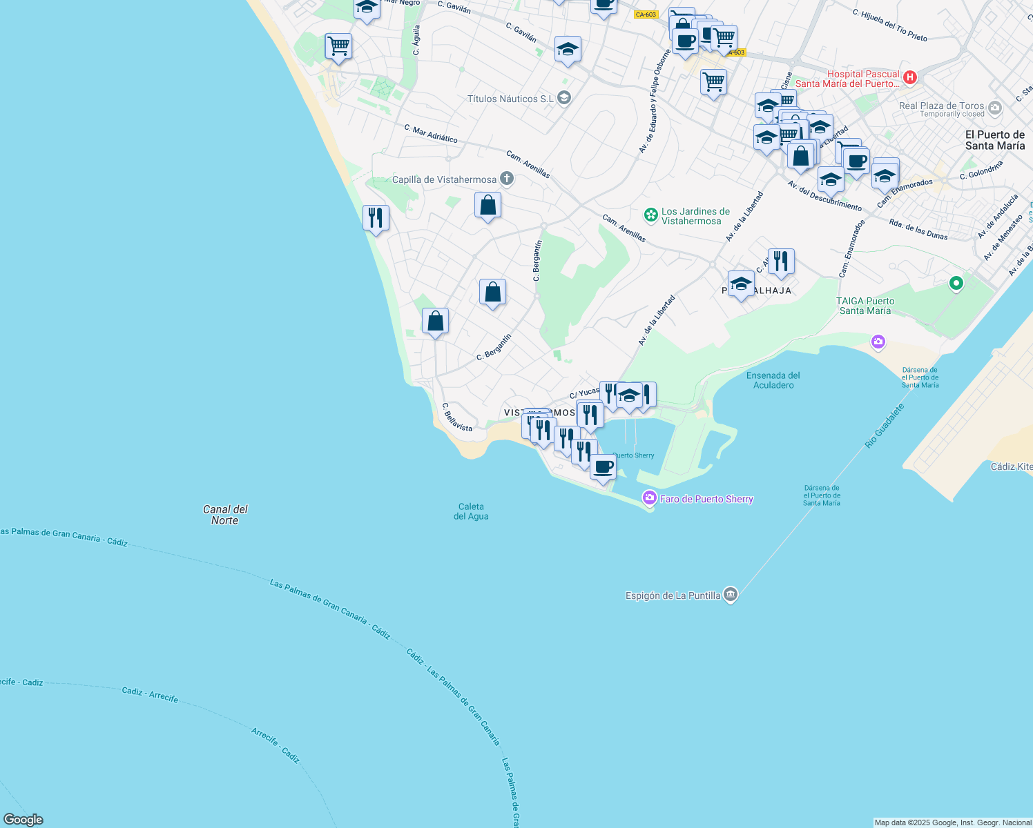 map of restaurants, bars, coffee shops, grocery stores, and more near 7Acc Paseo Santa Catalina in El Puerto de Santa María