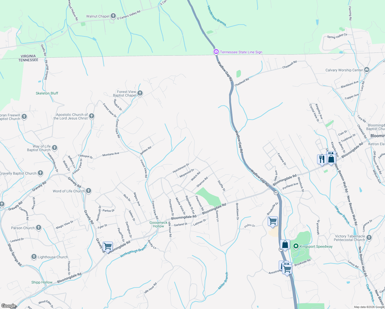 map of restaurants, bars, coffee shops, grocery stores, and more near 706 Stuffle Street in Kingsport