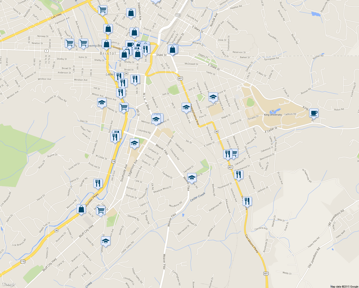 map of restaurants, bars, coffee shops, grocery stores, and more near 1023 Oakland Dr in Bristol