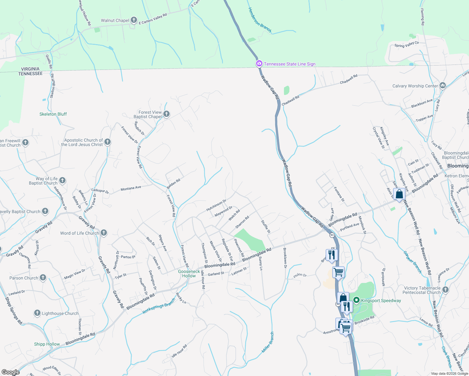 map of restaurants, bars, coffee shops, grocery stores, and more near 706 Stuffle Street in Kingsport
