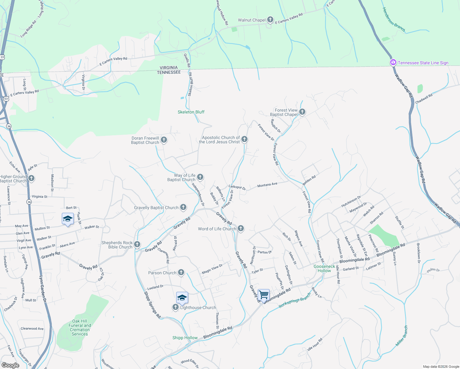 map of restaurants, bars, coffee shops, grocery stores, and more near 505 Commission Drive in Kingsport