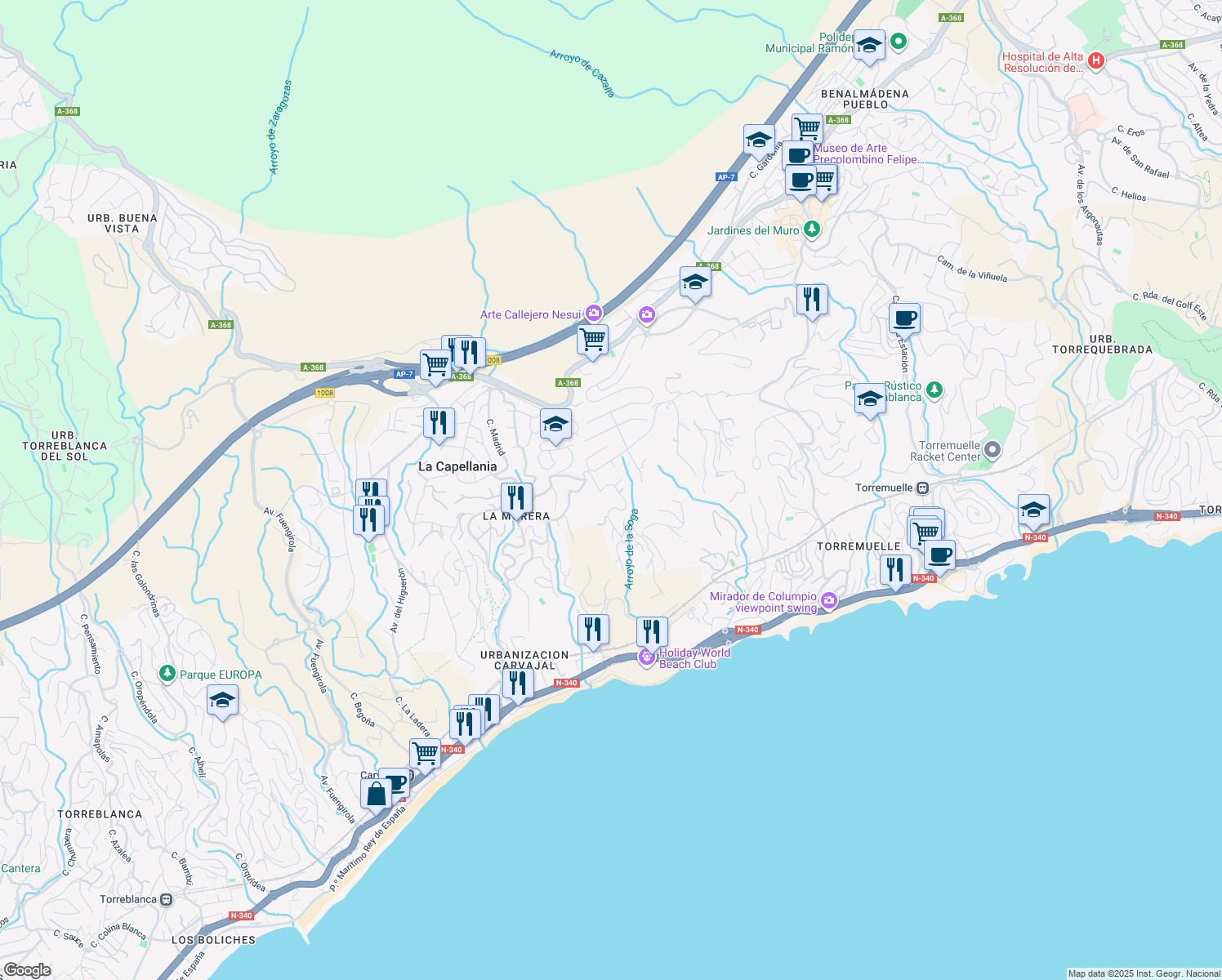 map of restaurants, bars, coffee shops, grocery stores, and more near 20 Paseo de Toledo in Benalmádena