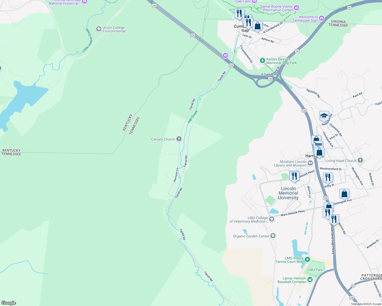 map of restaurants, bars, coffee shops, grocery stores, and more near 108 Depot Hollow in Cumberland Gap