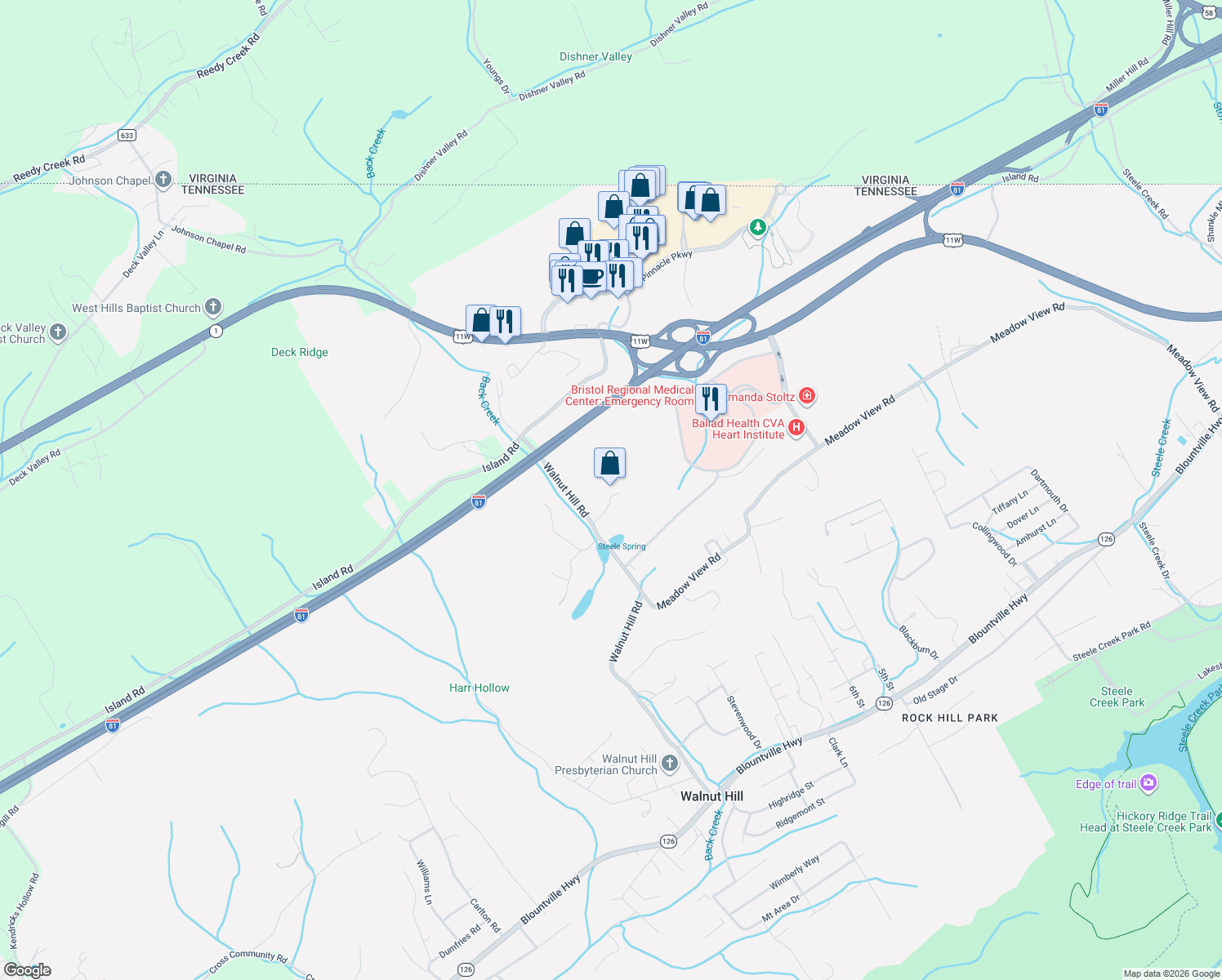 map of restaurants, bars, coffee shops, grocery stores, and more near 514 Walnut Hill Rd in Bristol