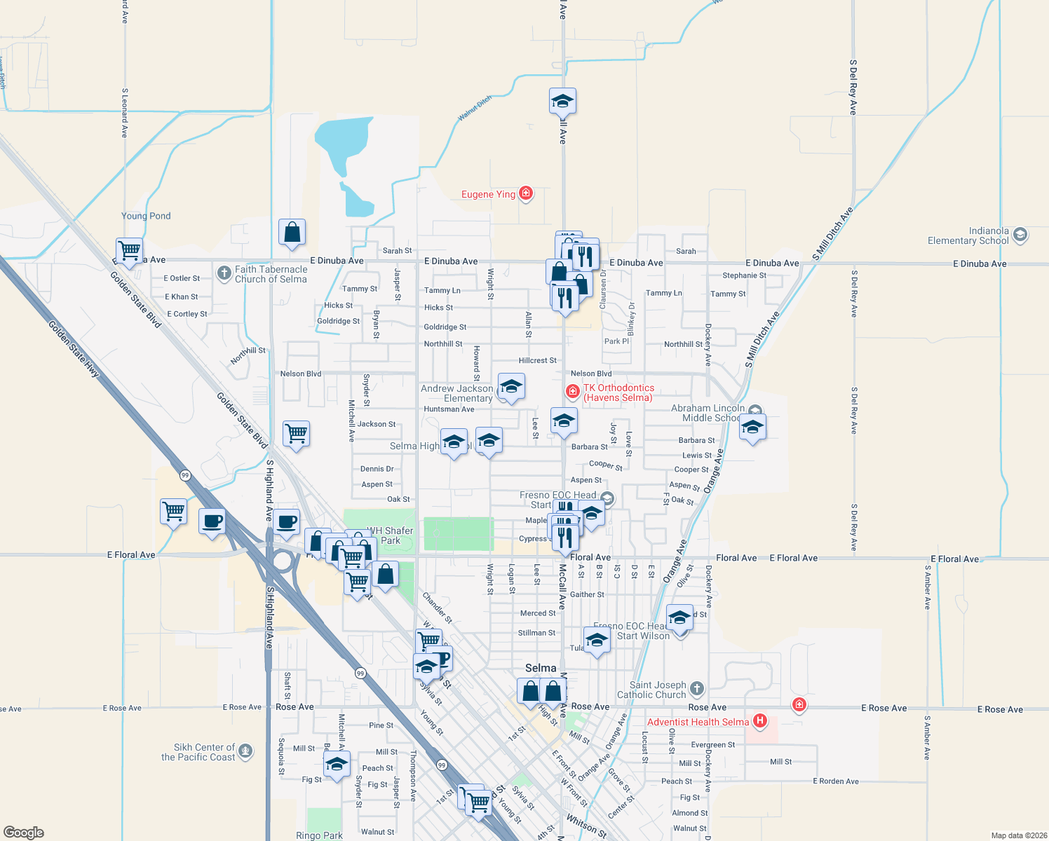 map of restaurants, bars, coffee shops, grocery stores, and more near 3320 Logan Street in Selma