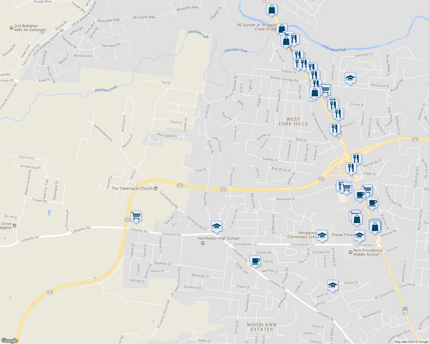 map of restaurants, bars, coffee shops, grocery stores, and more near 1793 Evans Road in Clarksville