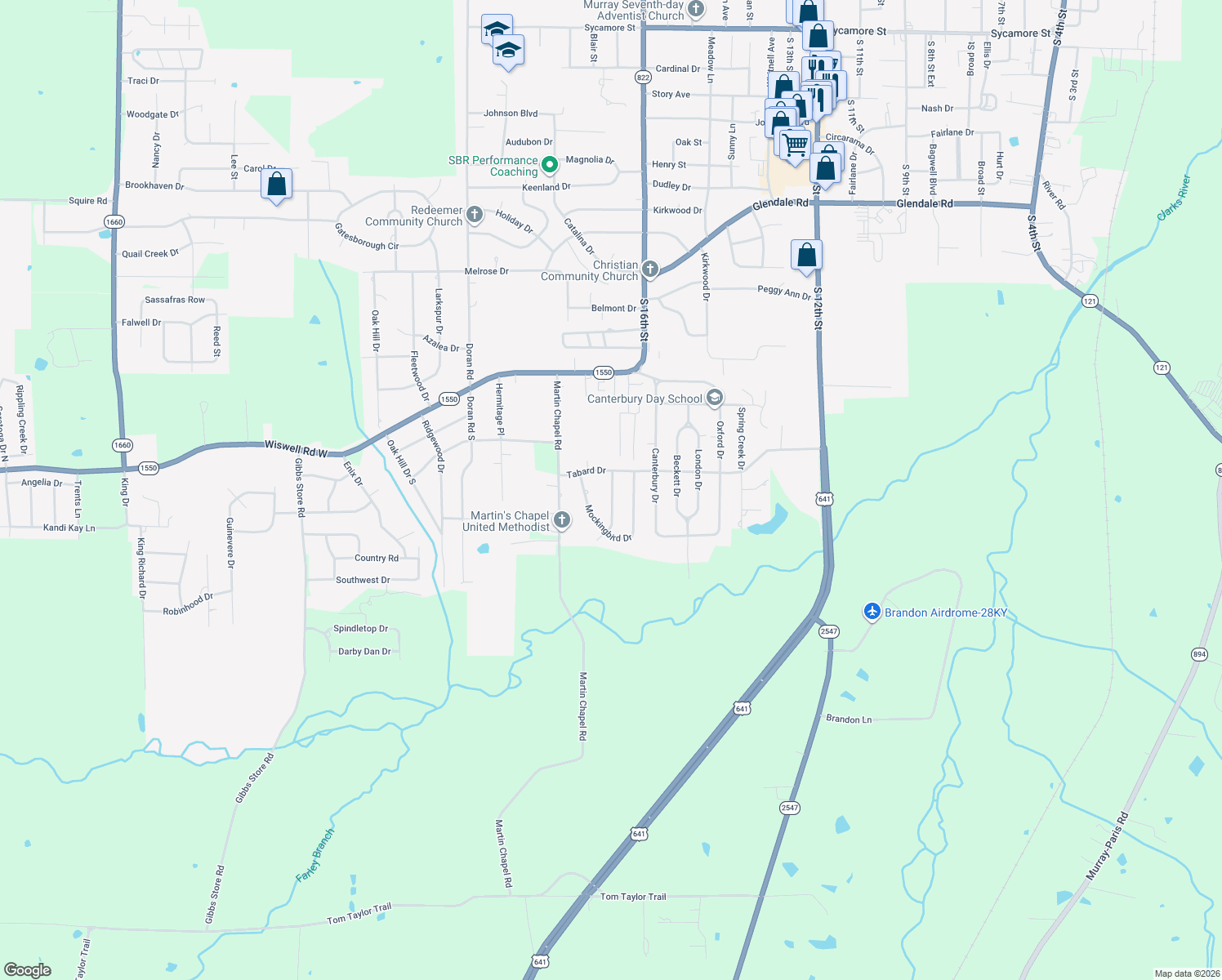 map of restaurants, bars, coffee shops, grocery stores, and more near 1544 Whippoorwill Drive in Murray