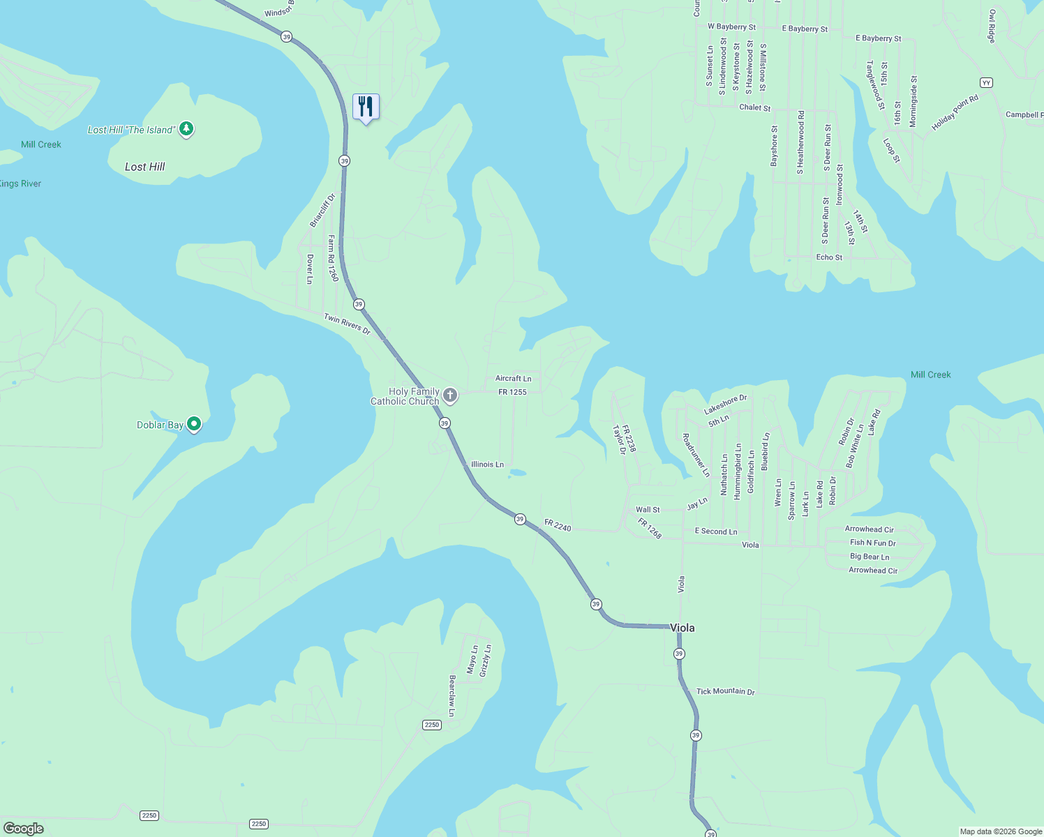 map of restaurants, bars, coffee shops, grocery stores, and more near Lake 39-30 Road in Shell Knob
