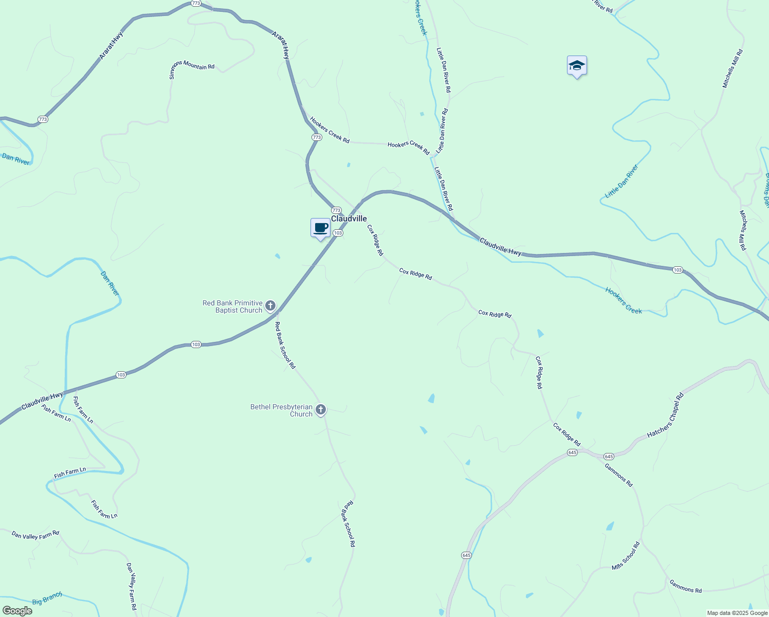 map of restaurants, bars, coffee shops, grocery stores, and more near 1397 Cox Ridge Road in Claudville
