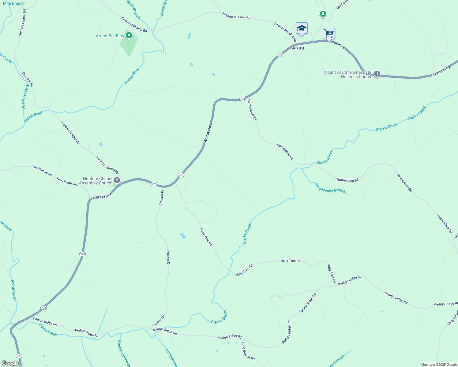 map of restaurants, bars, coffee shops, grocery stores, and more near King's Court in Patrick County