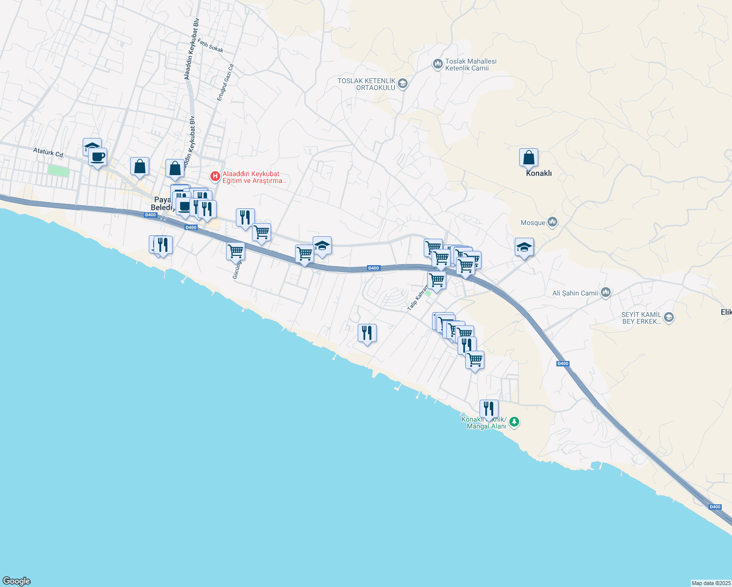 map of restaurants, bars, coffee shops, grocery stores, and more near İsimsiz Yol in Alanya