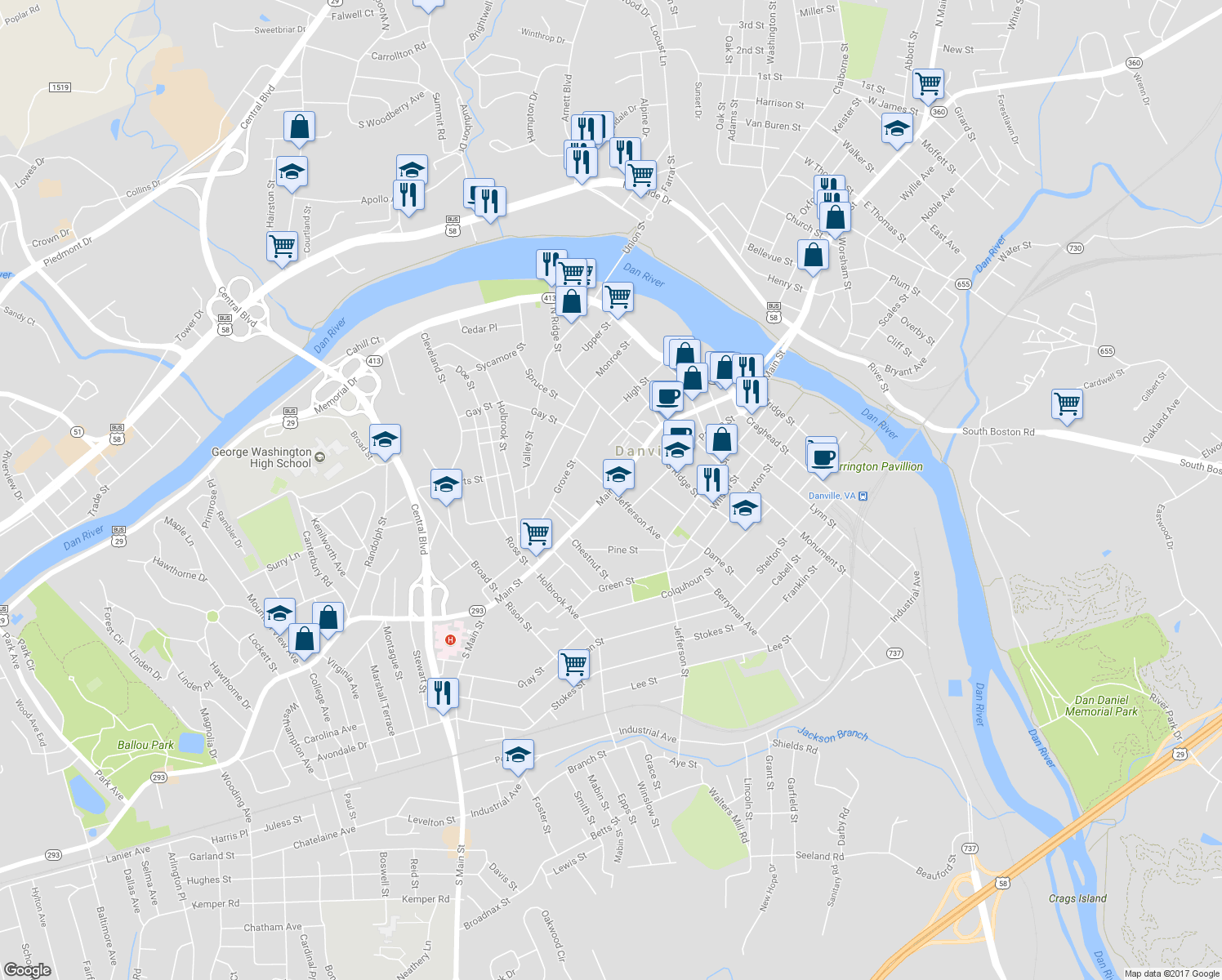 map of restaurants, bars, coffee shops, grocery stores, and more near 31 Jefferson Avenue Exd in Danville